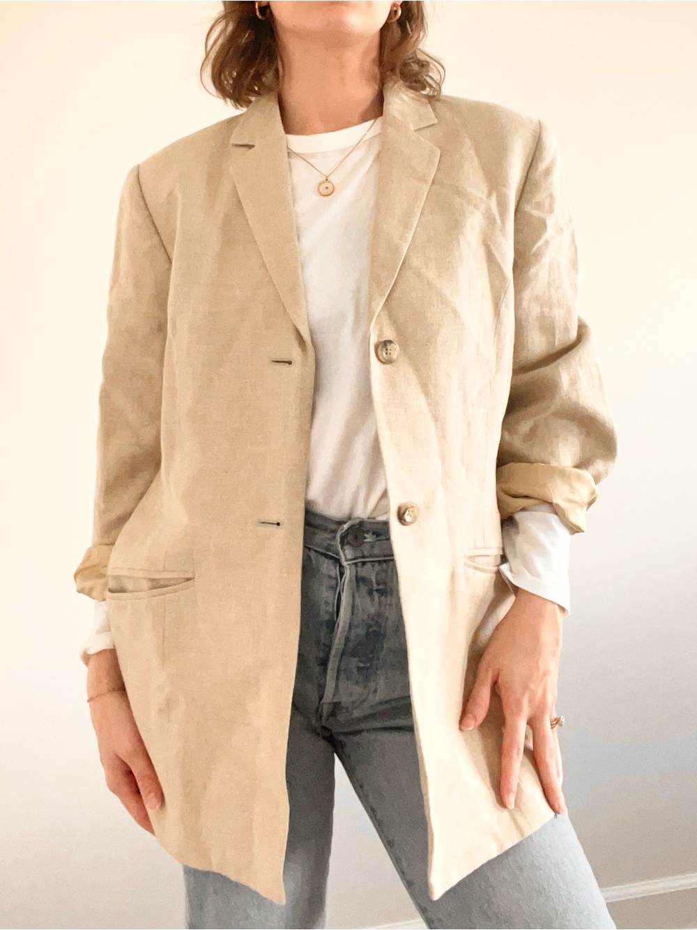 Vintage Lands End Beige Linen Blazer - Lightweight Tailored Jacket